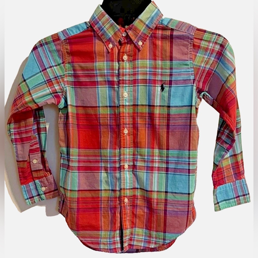 Ralph Lauren Boys Size 5 Madras Plaid Shirt Cotton Button Down Pony Preppy